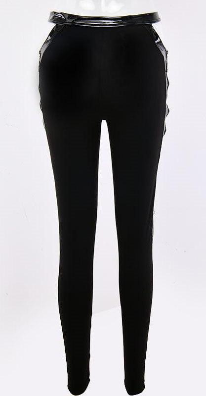 PU Leather Hollow Side Zipper High Waist Pants
