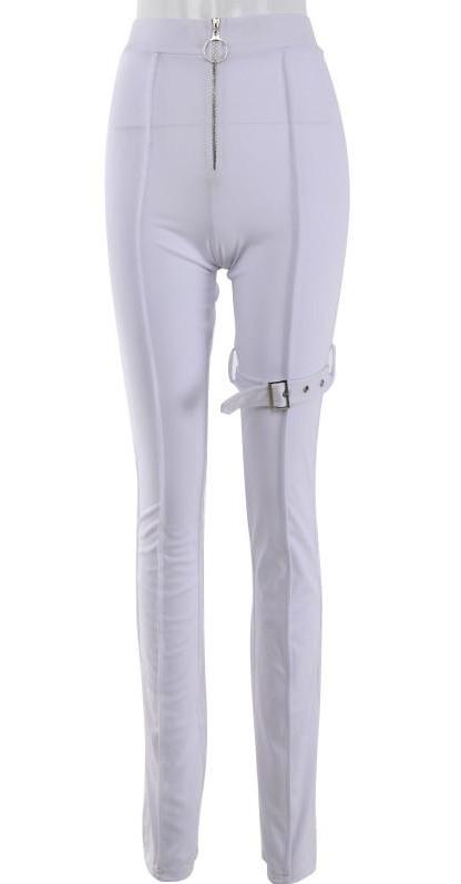 Front Zipper High Waist Pants Leg Buckle Pants