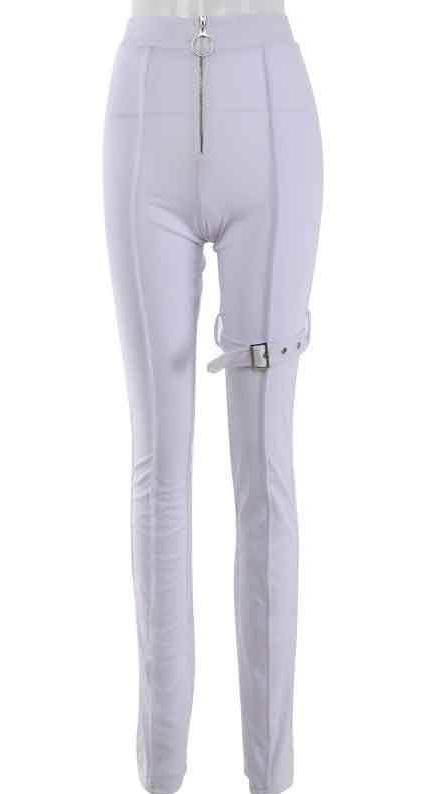 Front Zipper High Waist Pants Leg Buckle Pants