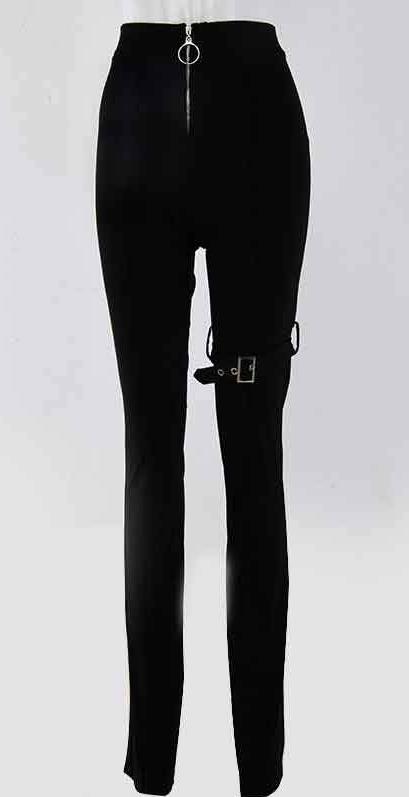 Front Zipper High Waist Pants Leg Buckle Pants