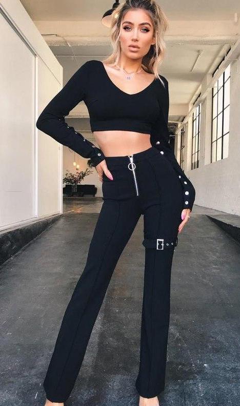 Front Zipper High Waist Pants Leg Buckle Pants