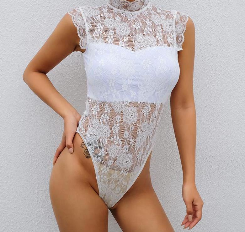White Mesh See Through Lace Bodysuits