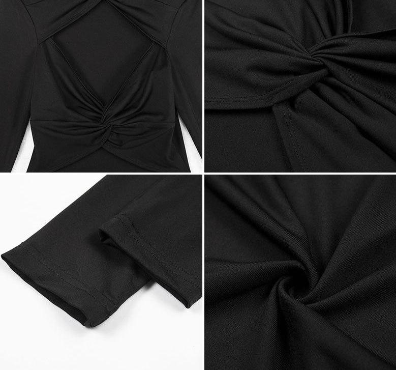 Hollow Long Sleeve O Neck Ruched Black Mini Dress