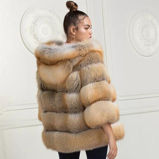Real Red Fox Fur Full Pelt Hooded Medium Coats