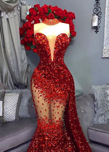 Crystal Rubies Sequin Mesh Mermaid Floor-length Dresses