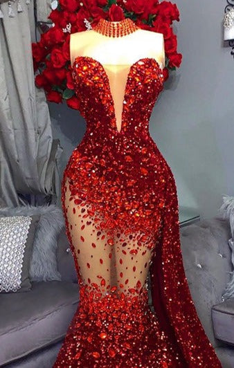 Crystal Rubies Sequin Mesh Mermaid Floor-length Dresses