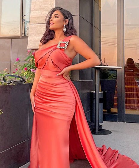 Satin One Shoulder Maxi Drape Mermaid Dresses