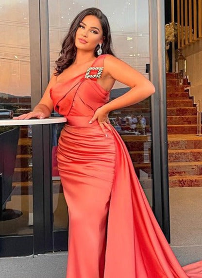 Satin One Shoulder Maxi Drape Mermaid Dresses