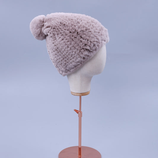 Real Rabbit Fur Knitted Beanies with Real Fur Pom Pom