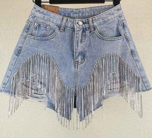 Diamond Tassels Ripped Jean Shorts