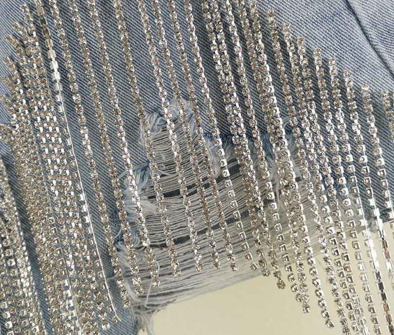 Diamond Tassels Ripped Jean Shorts