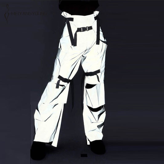 Reflective Multiple Buckle Rip Wide Leg Pants