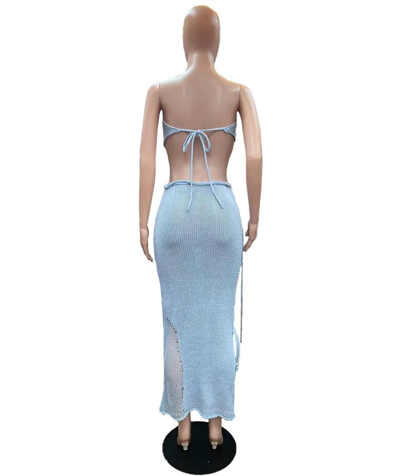 Ribbon Knitted Backless Crops & Long Skirts Sets