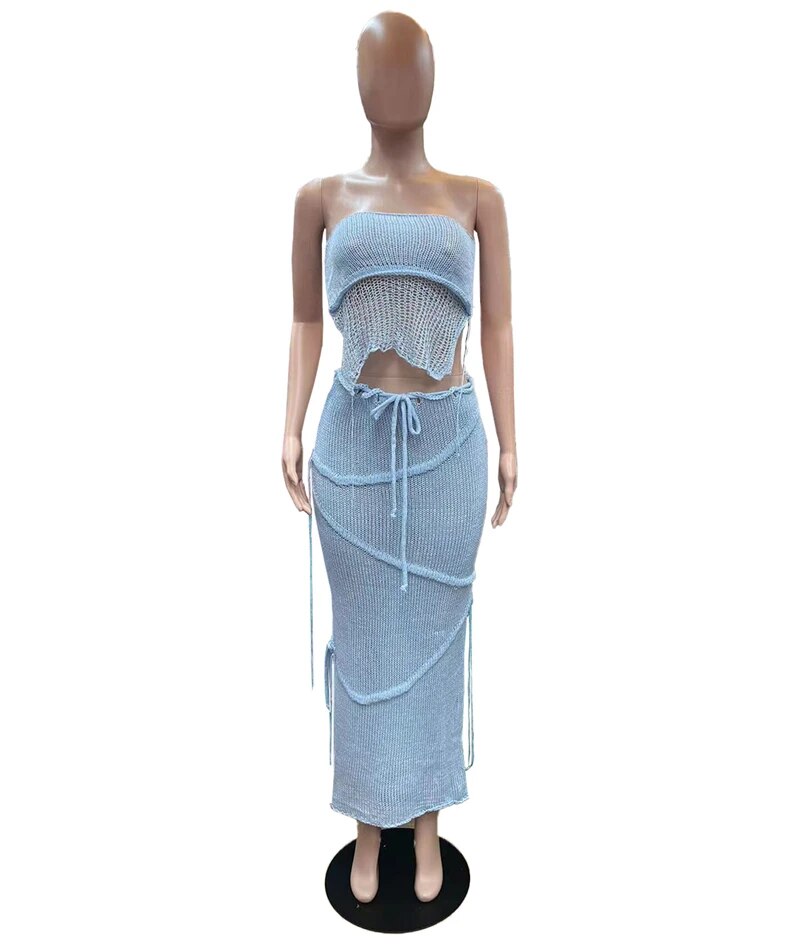 Ribbon Knitted Backless Crops & Long Skirts Sets