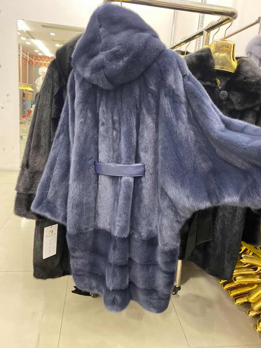 Navy Blue Mink Fur Bat Wing Poncho
