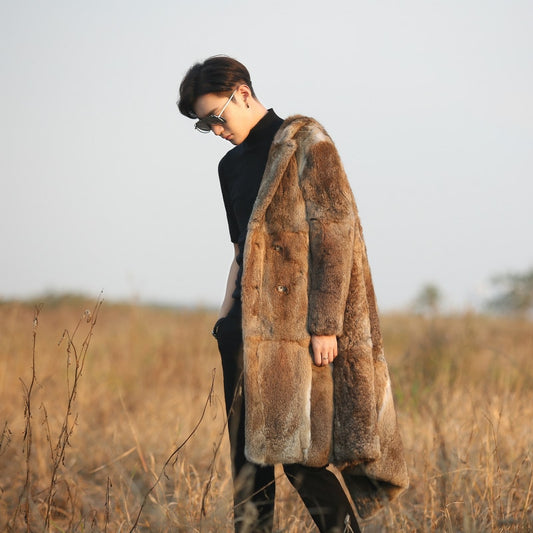Real Rabbit Fur Double Breasted Long Slim Overcoats