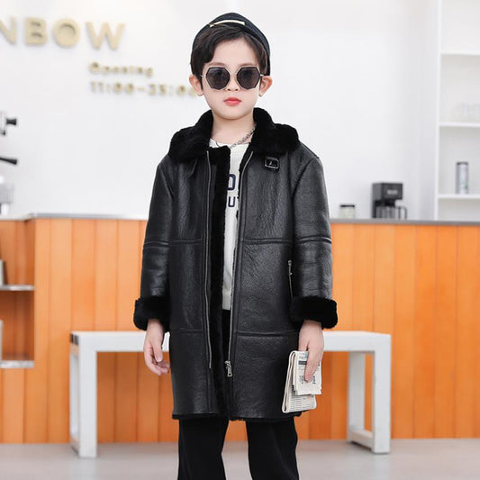 Genuine Leather Long Coats Lambs Wool Liner Boys Girls