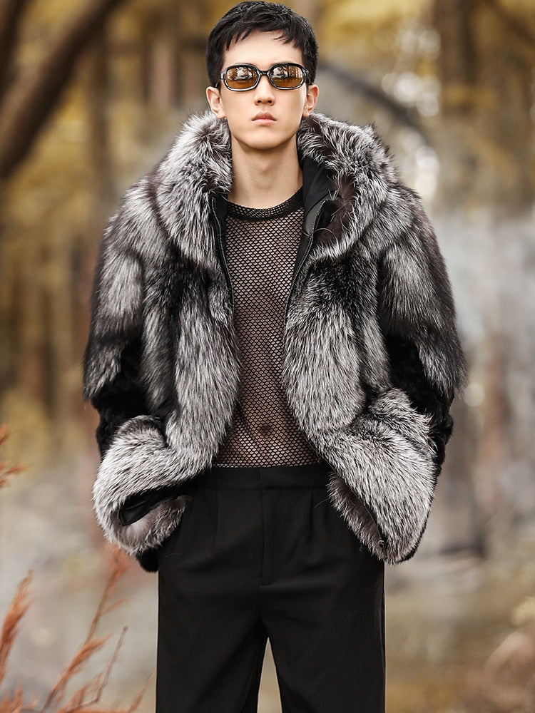Real Fox Fur Hooded Coats Black Real Mink Fur Sleeves