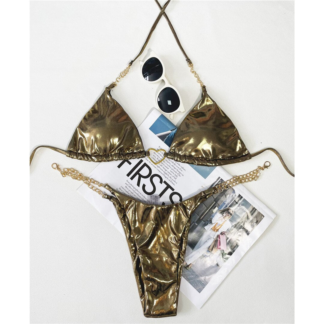 PU Faux Leather Metal Heart Bikini Sets