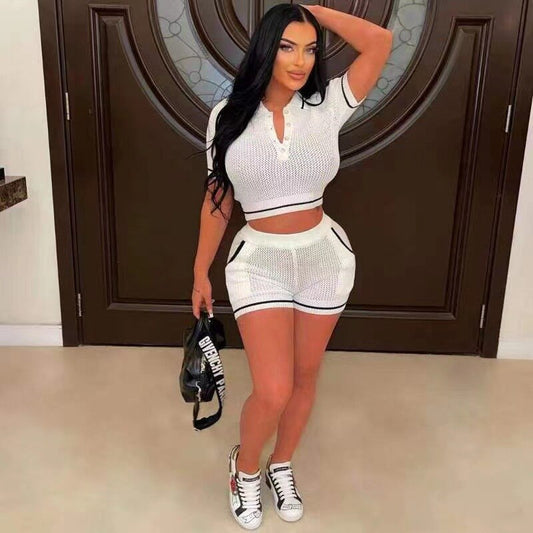 Collar Short Sleeve Crop & Shorts Sets