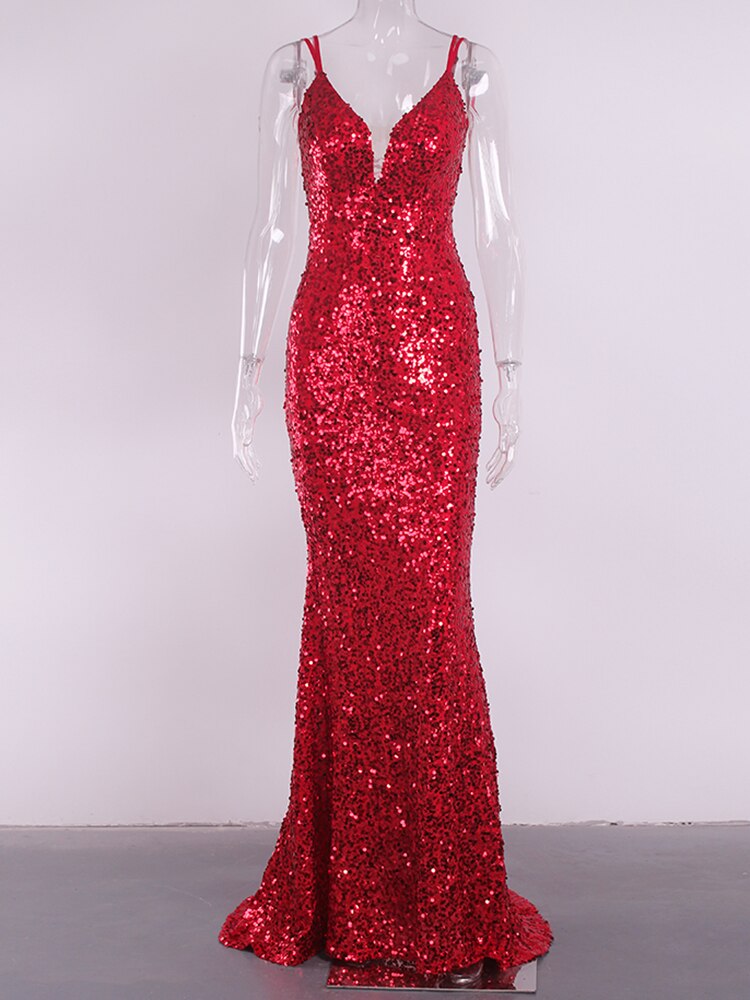 Sequin Sleeveless Deep V Bodycon Mermaid Dresses
