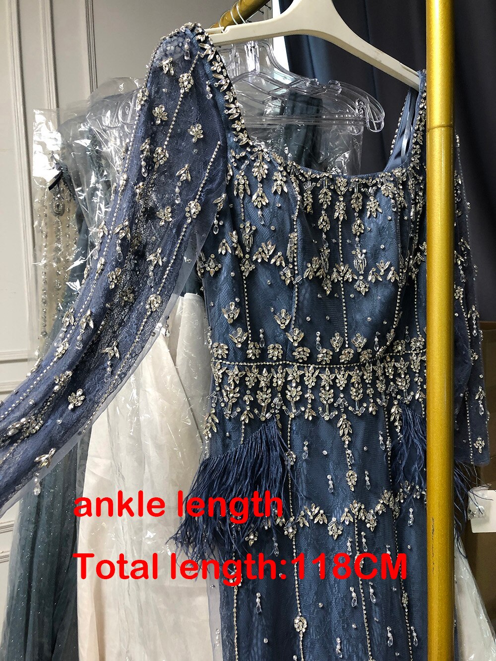 Crystal Feather Cape Sleeve Ankle Length Dresses