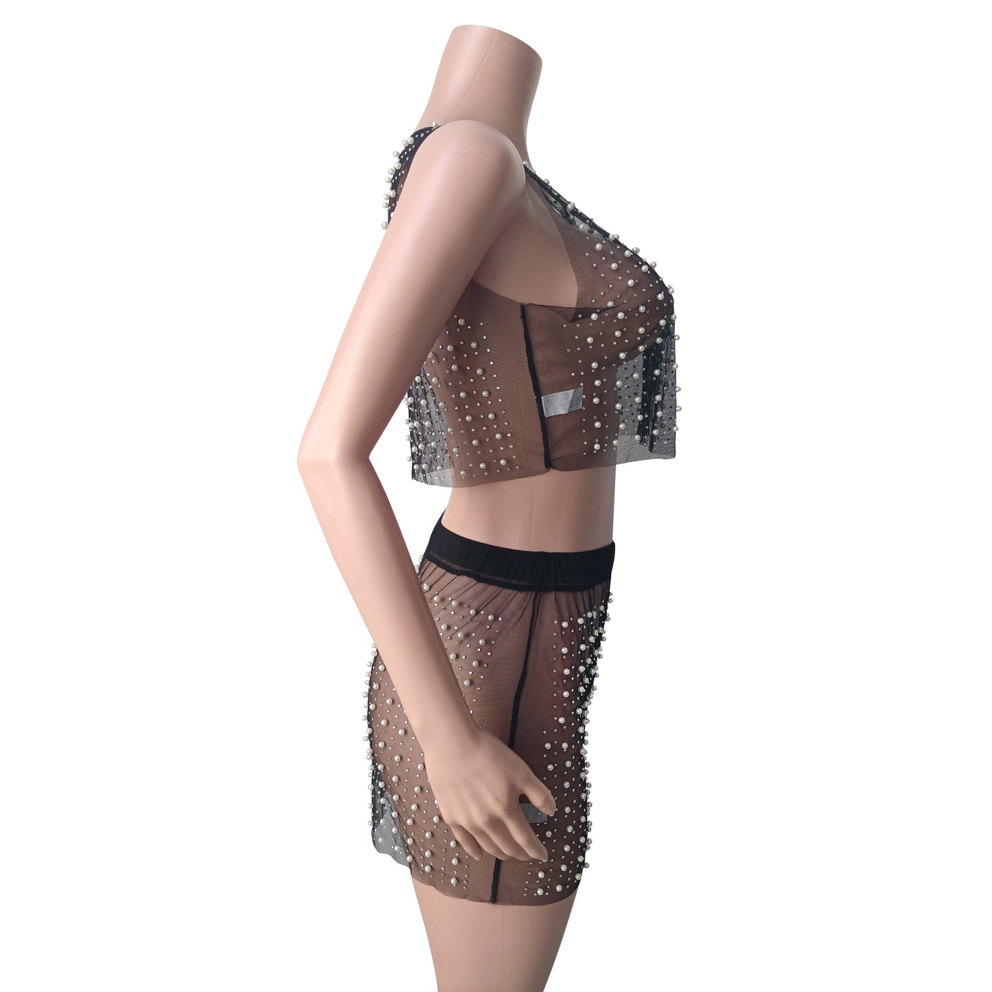 Mesh Diamond Beads Crop Top & Skirt Sets