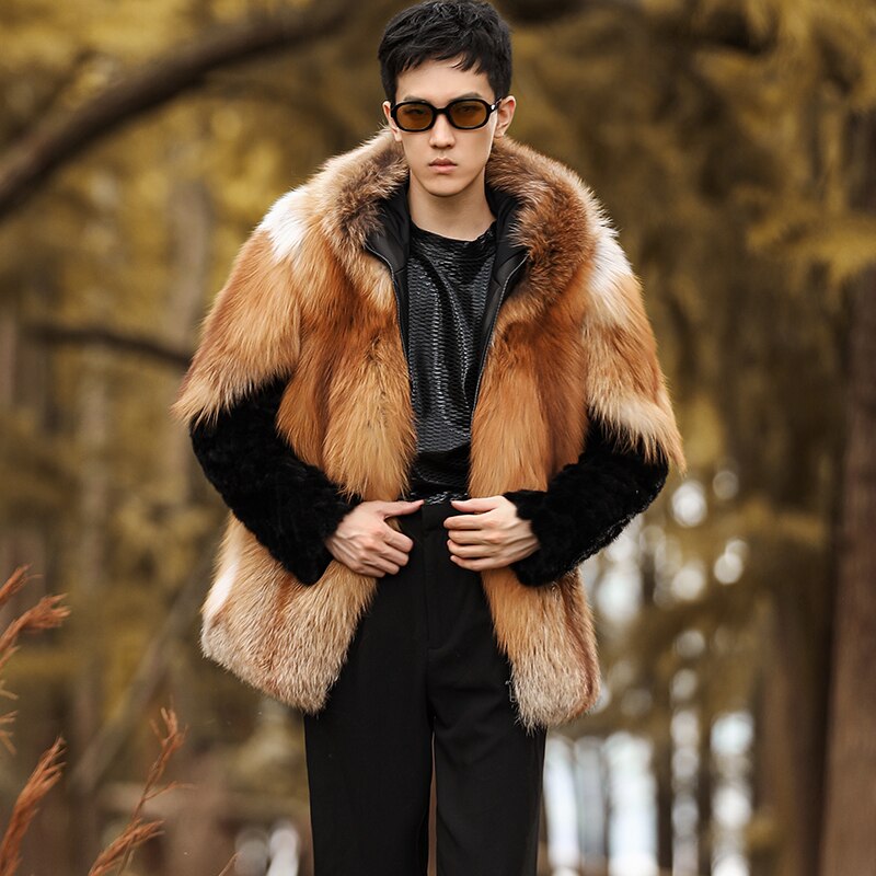 Real Fox Fur Hooded Coats Black Real Mink Fur Sleeves