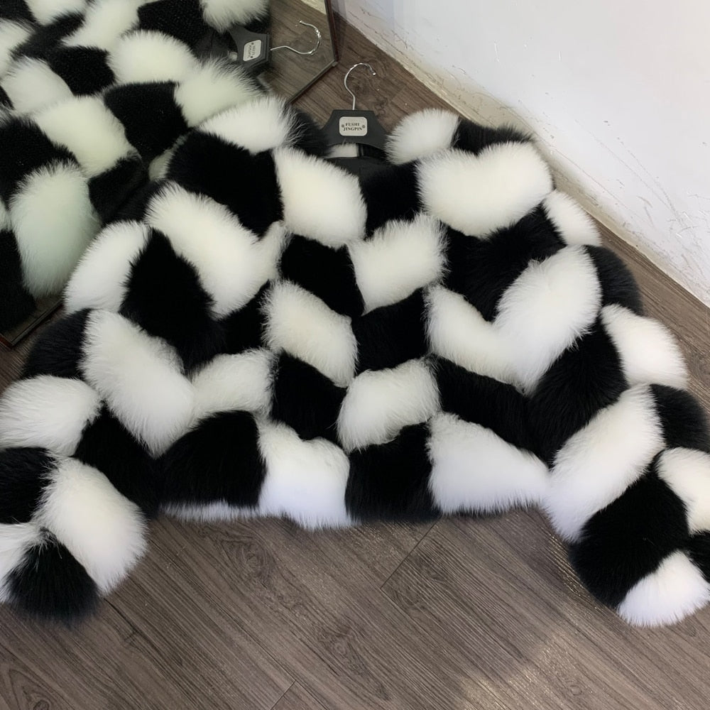 White & Black Checker Real Fur Coat