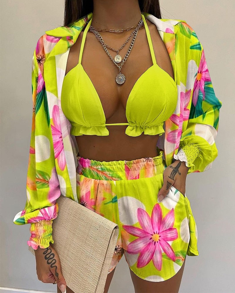 Blouse Bikini Top & Shorts 3-piece Sets