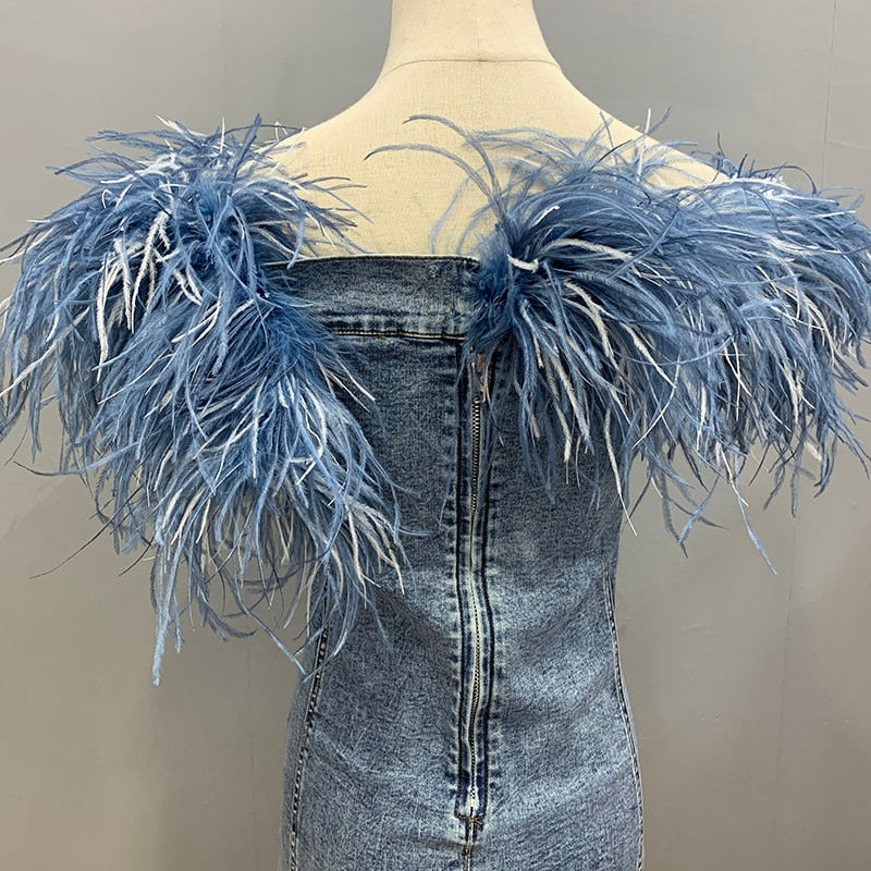 Detachable Feather Strapless Tube Denim Mini Dress