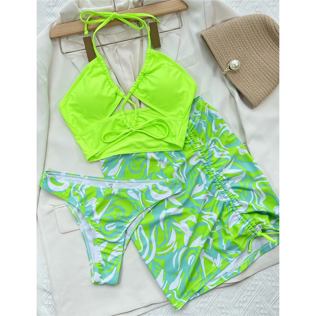 Halter Lace Up Bikini Set & Mini Skirt