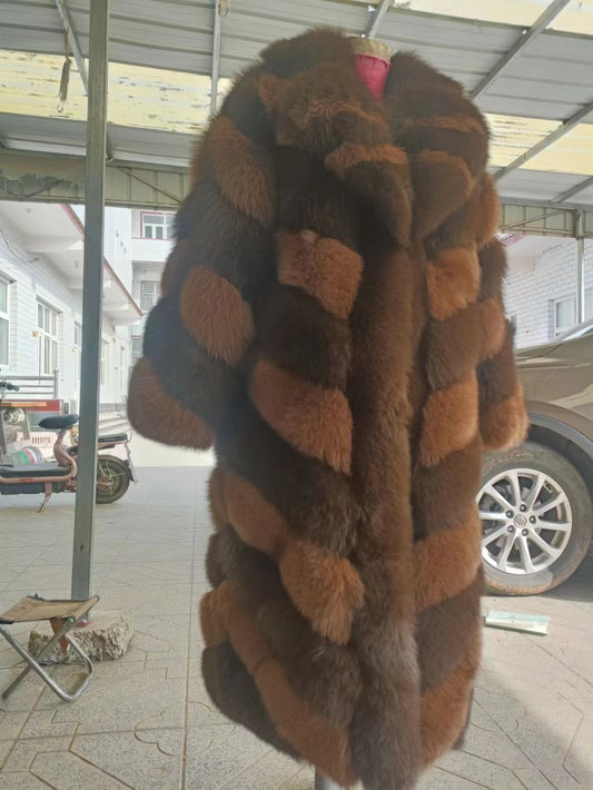 Striped Color Pattern Real Fox Fur Coats X-Long