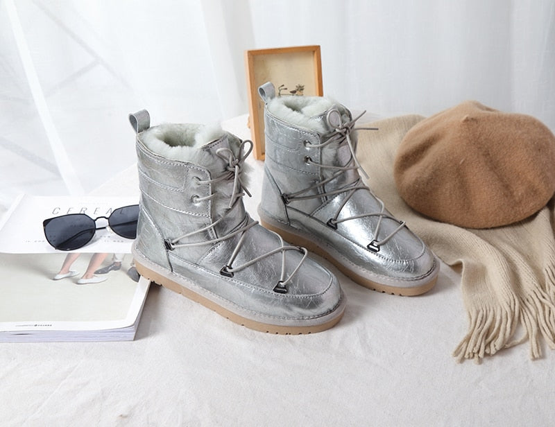 Patent Leather Natural Wool Fur Lined Snow Boots Waterproof