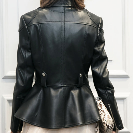 Genuine Leather Moto Jackets Ruffle Flare