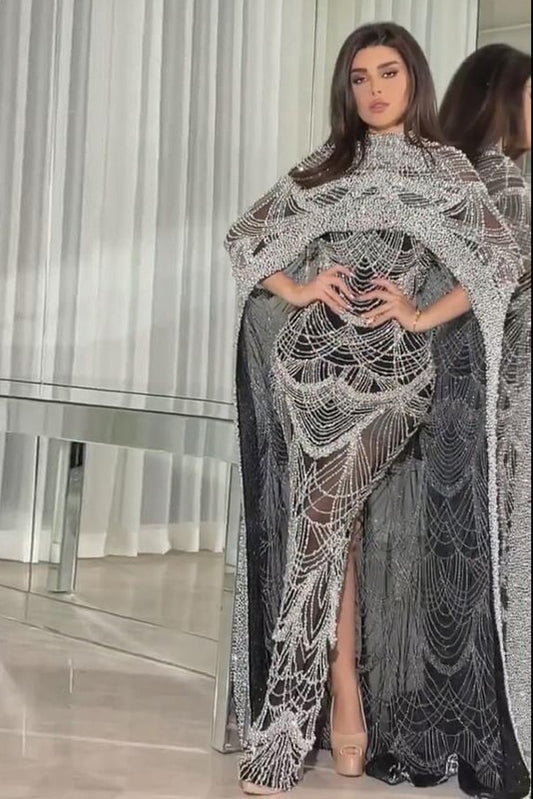 Pearl Mesh Cape Floor-Length Dresses