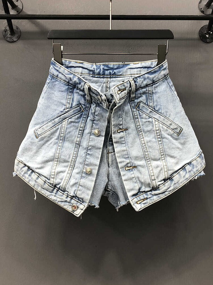 High Waist Open Button Skirt Denim Shorts