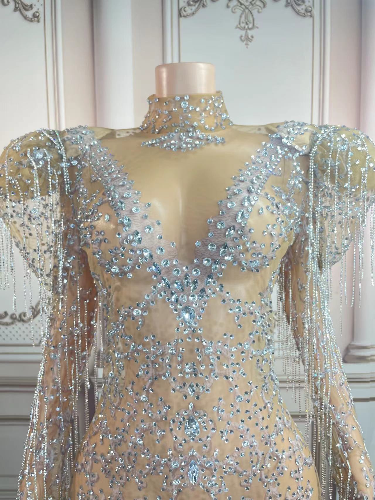 Transparent Rhinestone Big Shoulder Mini Dress