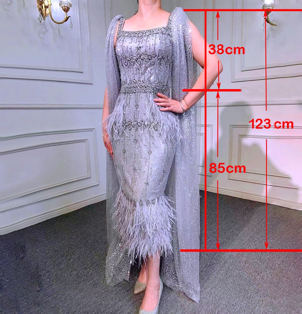 Crystal Feather Cape Sleeve Ankle Length Dresses