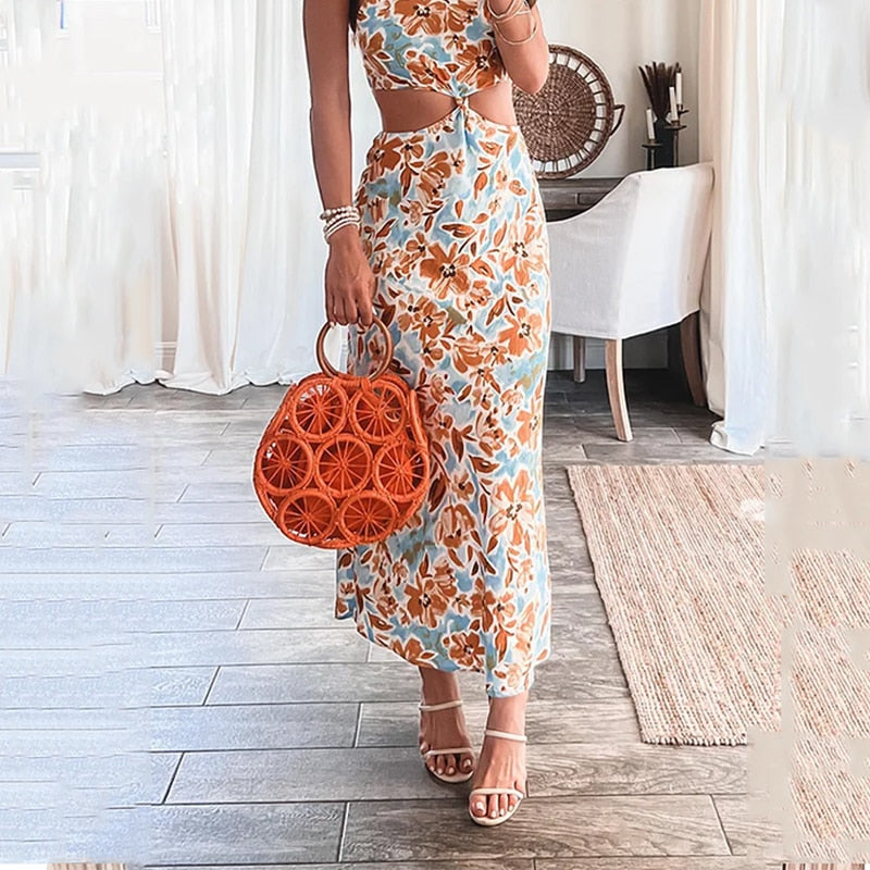 Floral Print Halter Sleeveless Hollow Maxi Dress