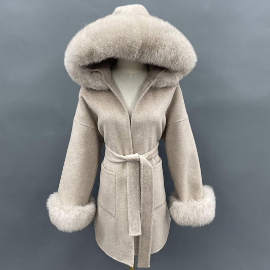 Cashmere Wool Real Fur Collar Cuff Hooded Pea Coats