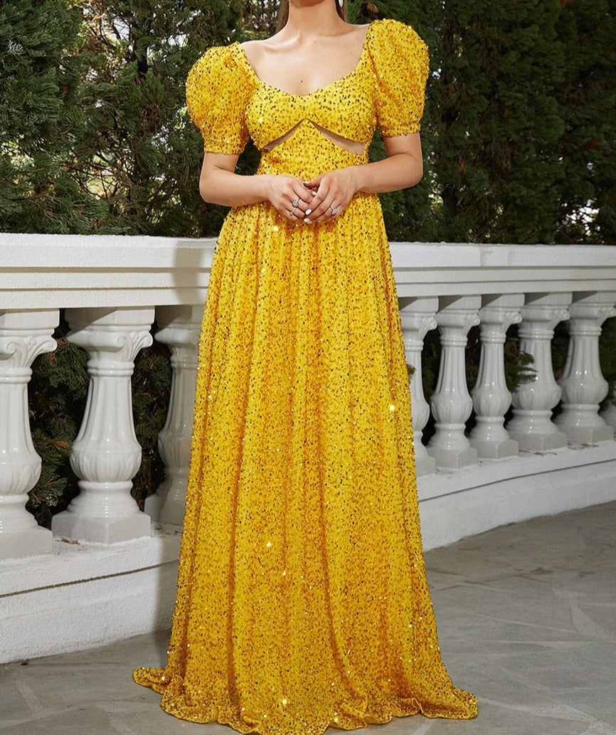 Puff Sleeves Mesh Under Breast Sequin Maxi Dress
