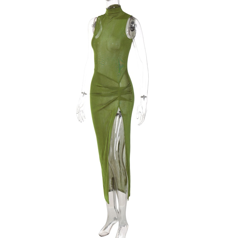 Green Sleeveless Bodycon Split Long Dress