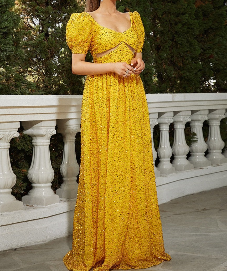 Puff Sleeves Mesh Under Breast Sequin Maxi Dress