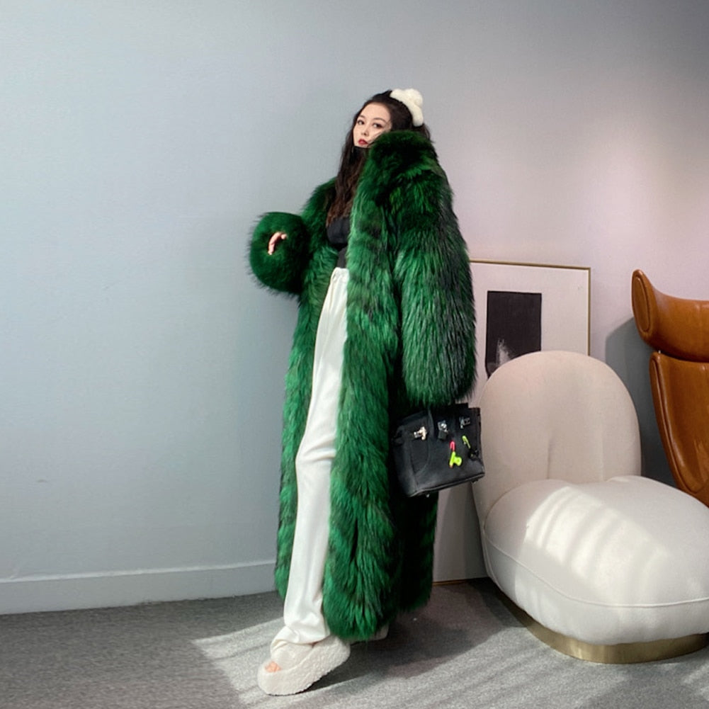 Big Green Real Fur Collar Hood Long Coat