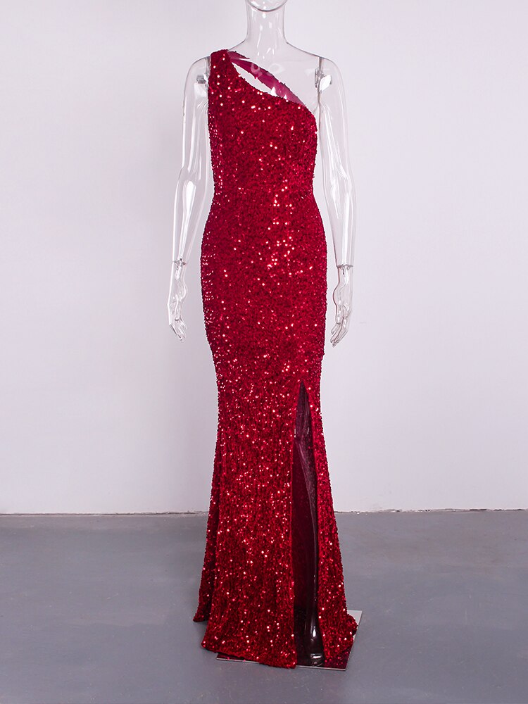 Red Sequin One Shoulder Sleeveless Maxi Dress