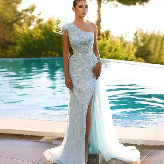 One-Shoulder Feathers High Split Skirt Mermaid Dresses