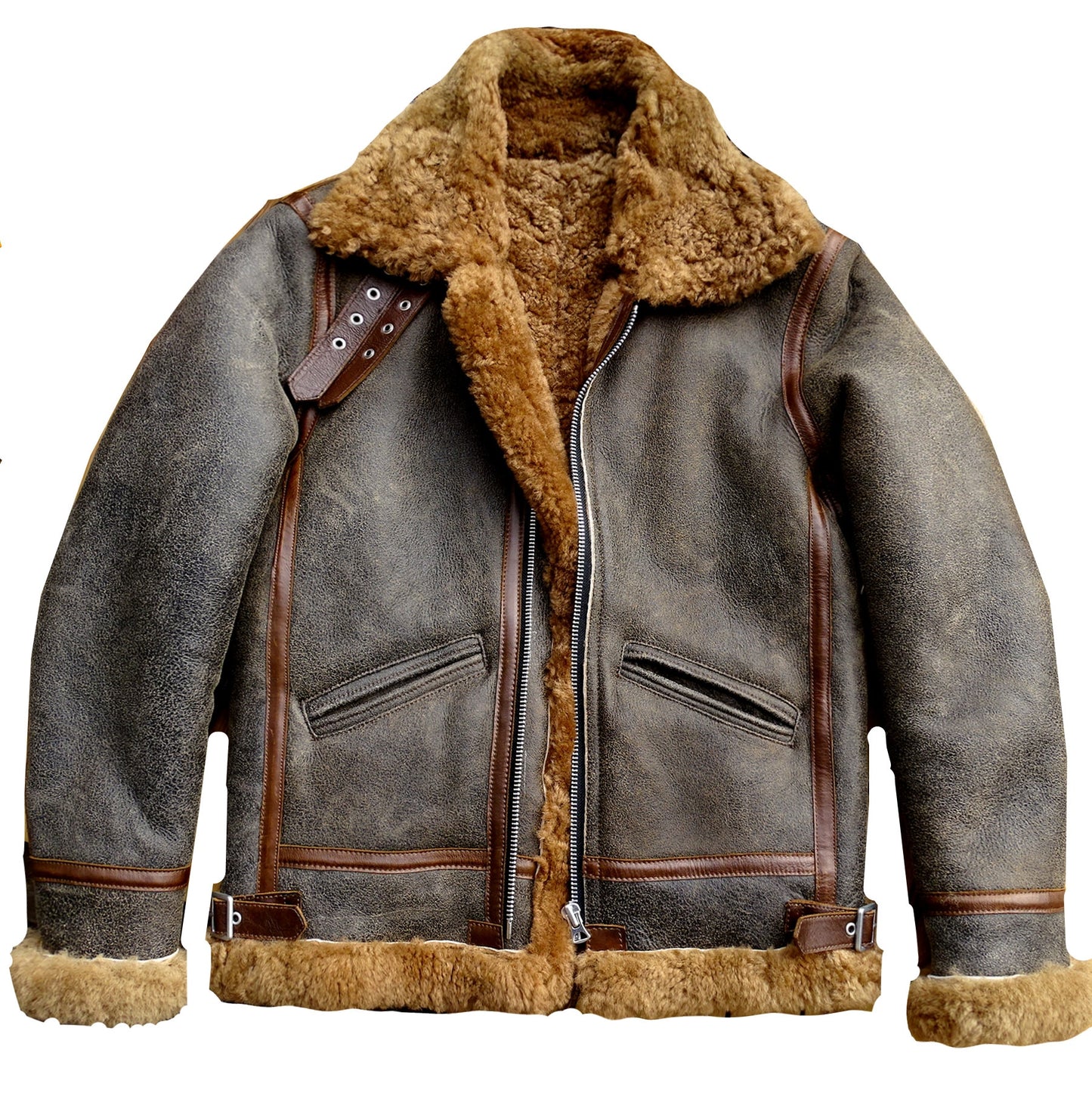 Genuine Leather Coats Brown Real Shearling Fur B3 Bomber