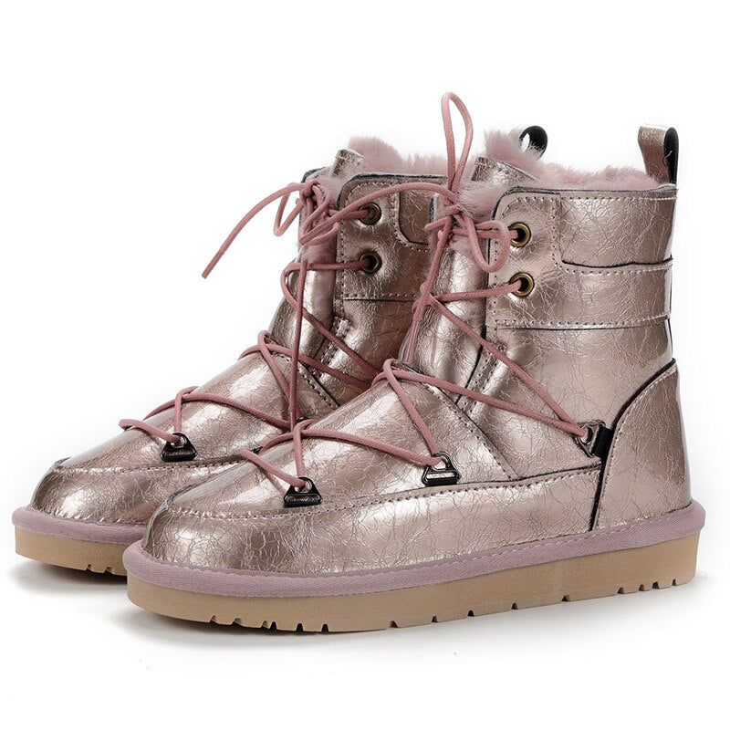 Patent Leather Natural Wool Fur Lined Snow Boots Waterproof
