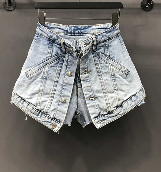 High Waist Open Button Skirt Denim Shorts